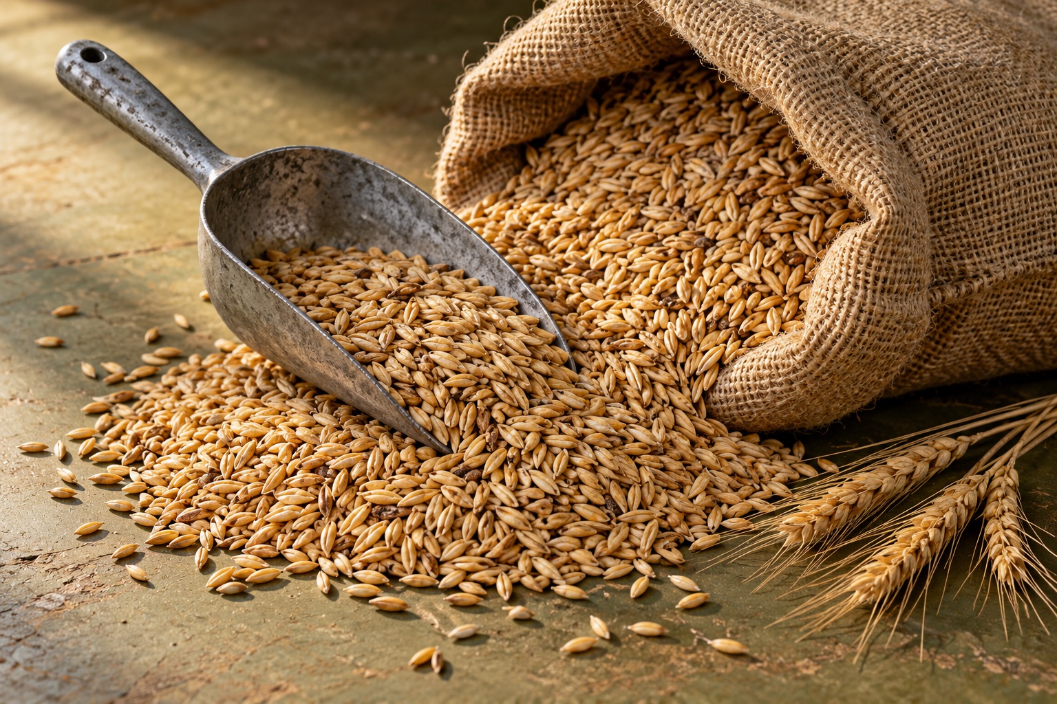 Illustrative study of oats, a feed scoop and an unbranded burlap sack